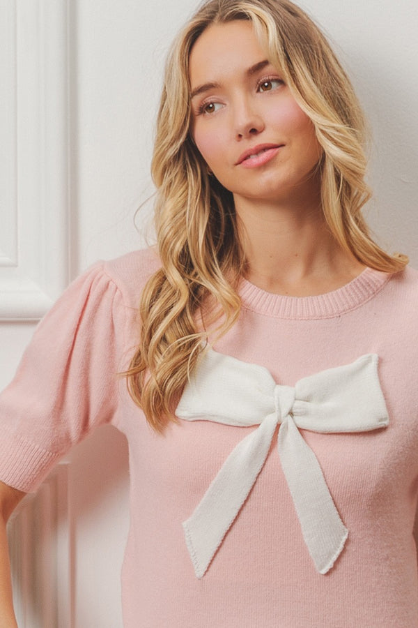 Knit Top w/ Front Bow Patch Pink