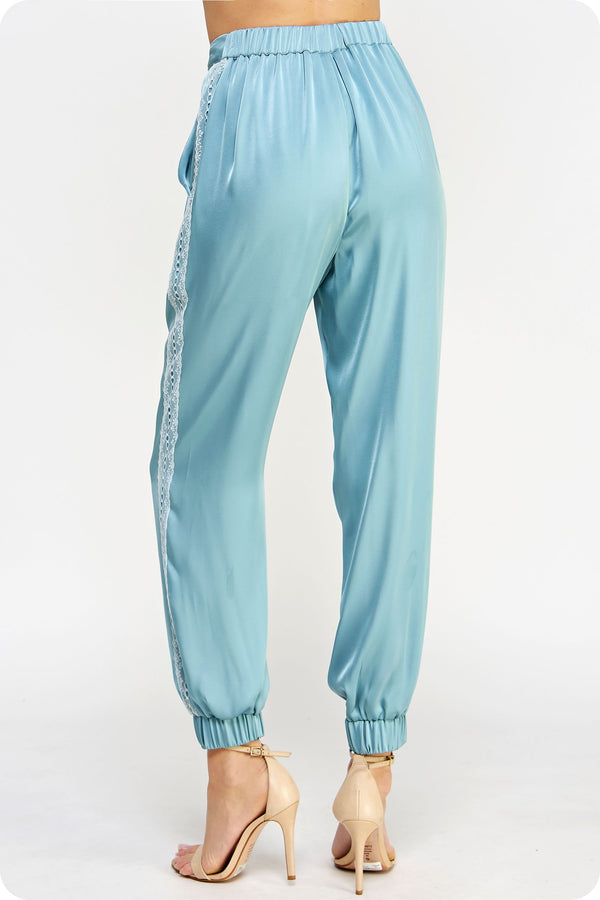 Tuxedo Lace Detail Satin Jogger Pants Blue