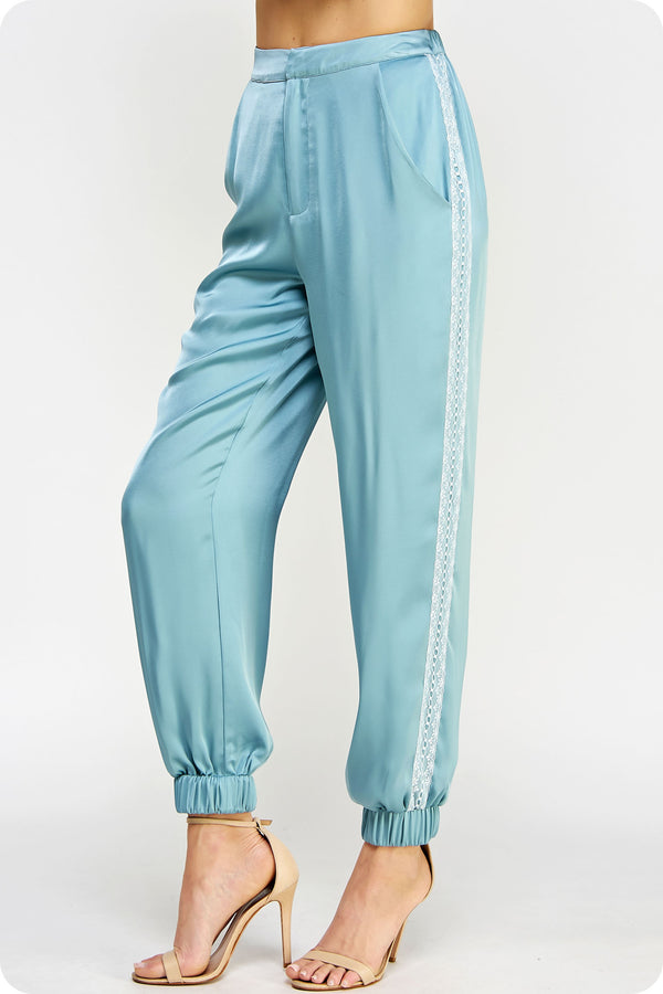 Tuxedo Lace Detail Satin Jogger Pants Blue