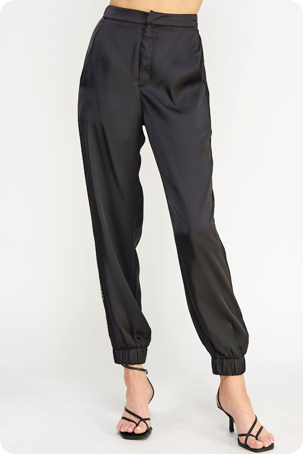 Tuxedo Lace Detail Satin Jogger Pants Black