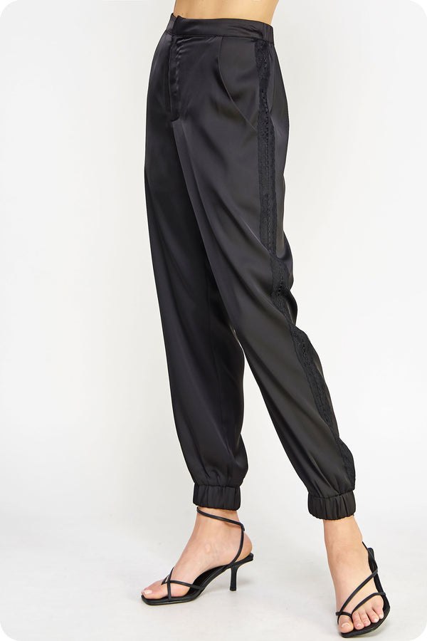Tuxedo Lace Detail Satin Jogger Pants Black