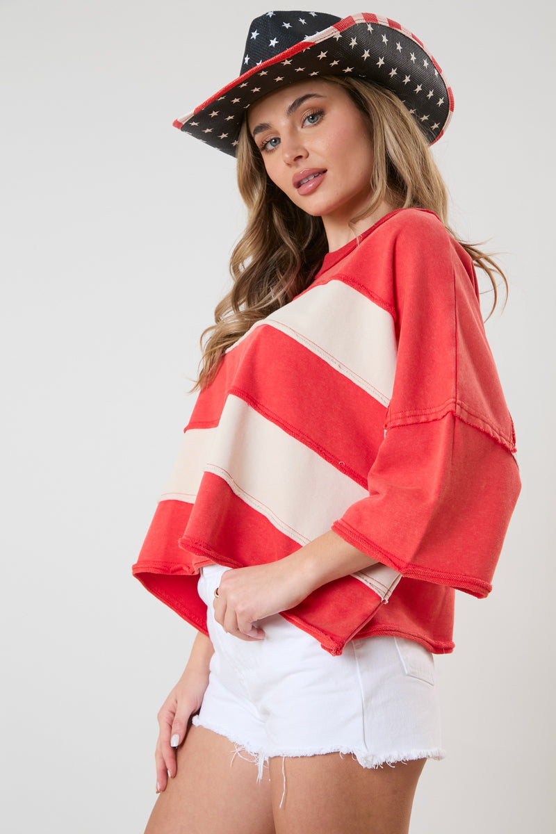 Color Block Crop T-Shirt Washed Red Multi