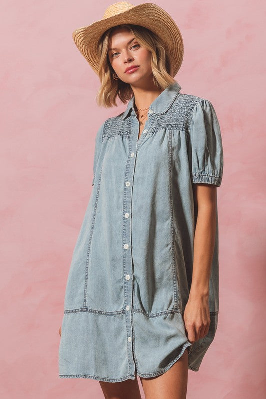 Washed Denim Smocked Yoke Shirt Dress Light Denim