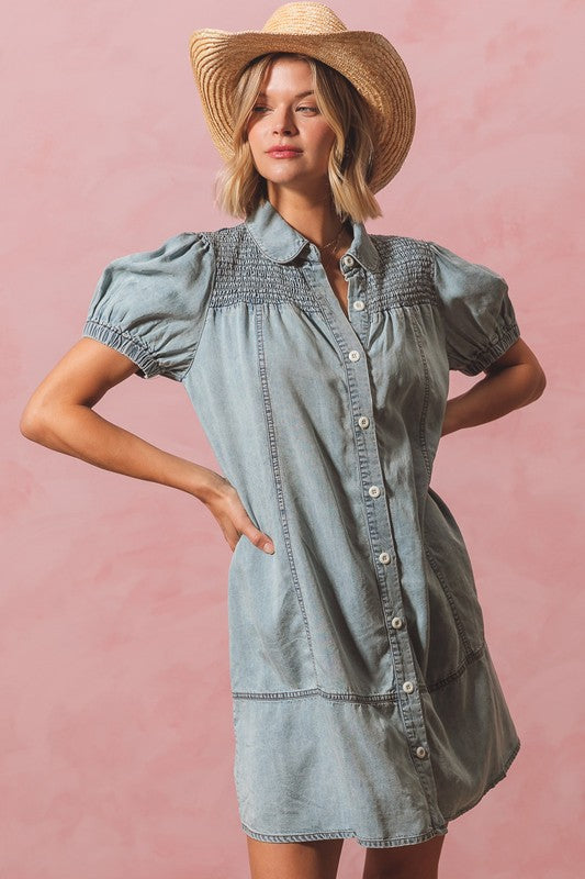 denim smocked dress Wholesale MOQ6 Smocked Square Neck Mini Denim Dress