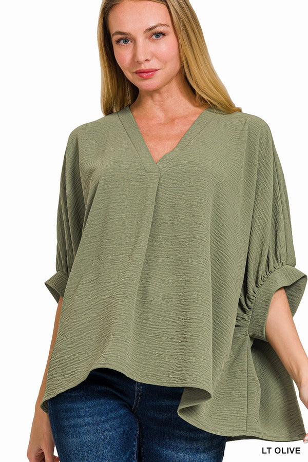 V-Neck Puff Half Sleeve Top Lt Olive