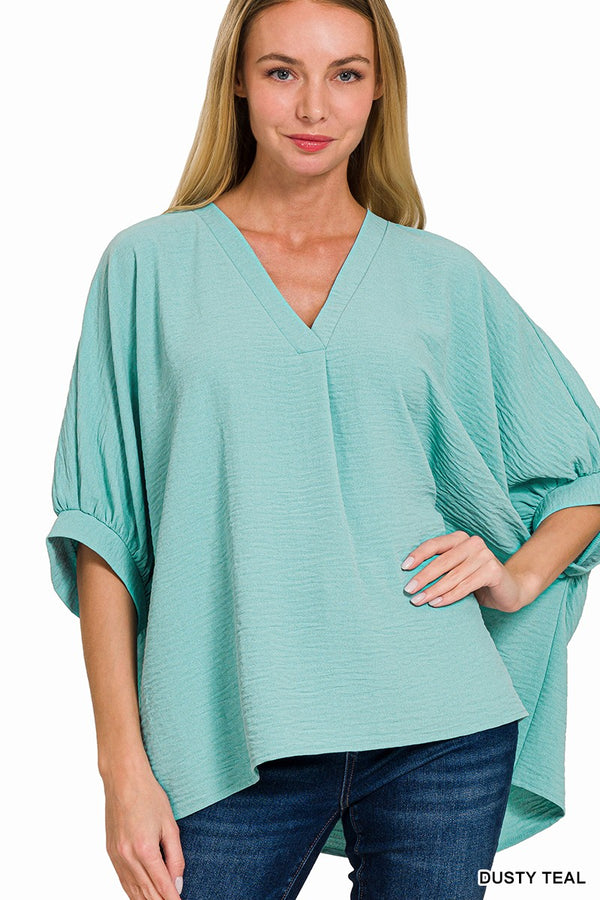V-Neck Puff Half Sleeve Top Dusty Teal
