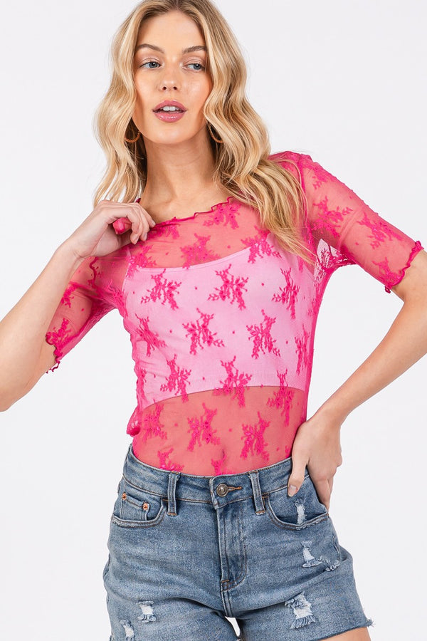 Short Sleeve Floral Lace Top Hot Pink