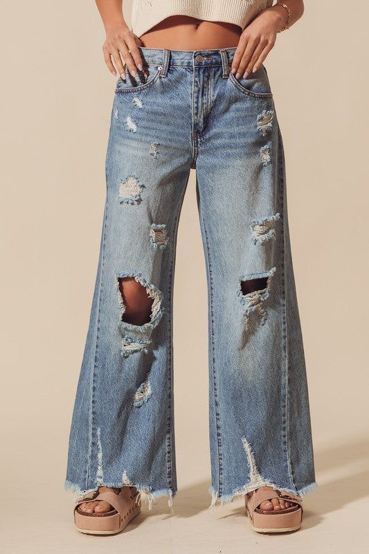 Mid Rise Wide Fit Distressed Jeans Denim