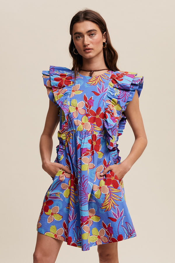 Flower Print Babydoll Dress Sapphire Blue