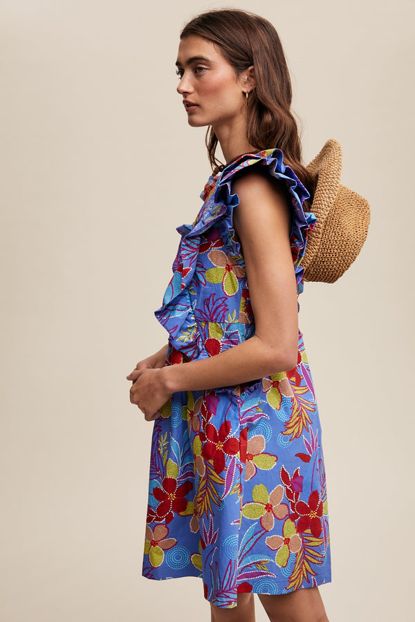 Flower Print Babydoll Dress Sapphire Blue