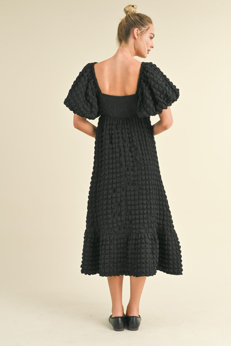 Textured Bubble Sleeve Midi Dress Black
