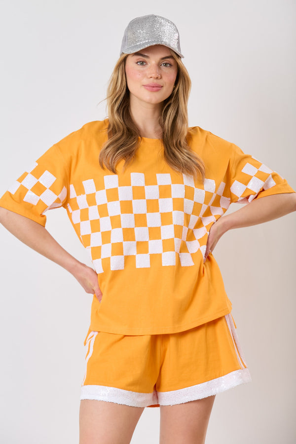 Sequins Checker Short Sleeve Top Orange