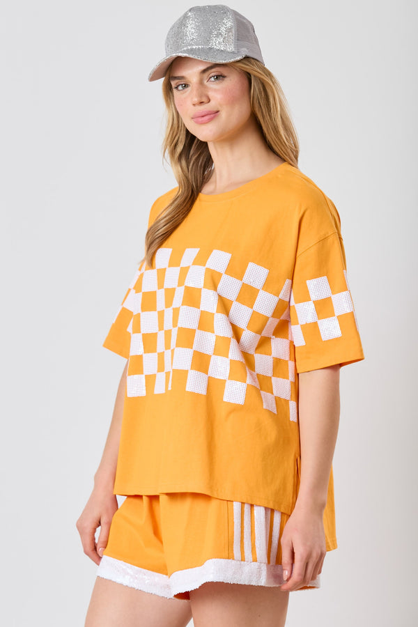 Sequins Checker Short Sleeve Top Orange