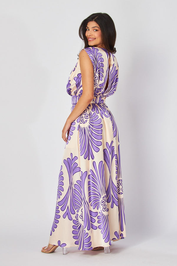 Damask Print Satin Maxi Dress Lavender
