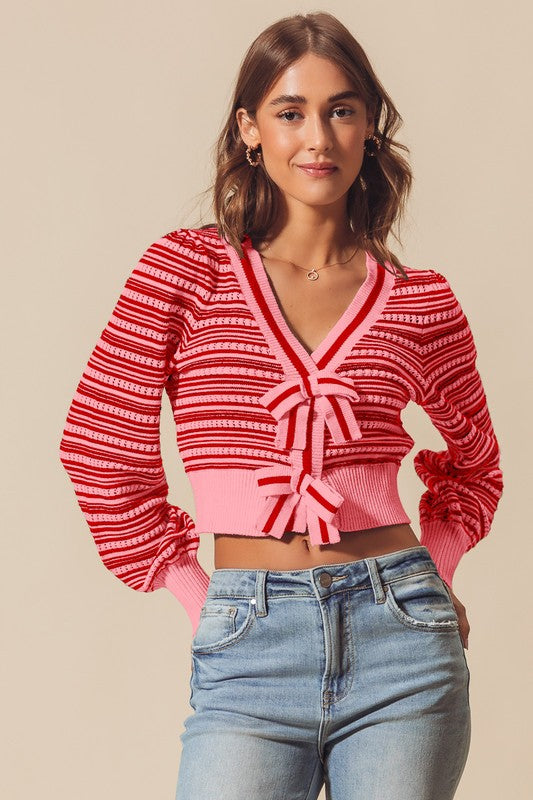 Ribbon Button Stripe Cardigan Pink Red - Southern Fashion Boutique