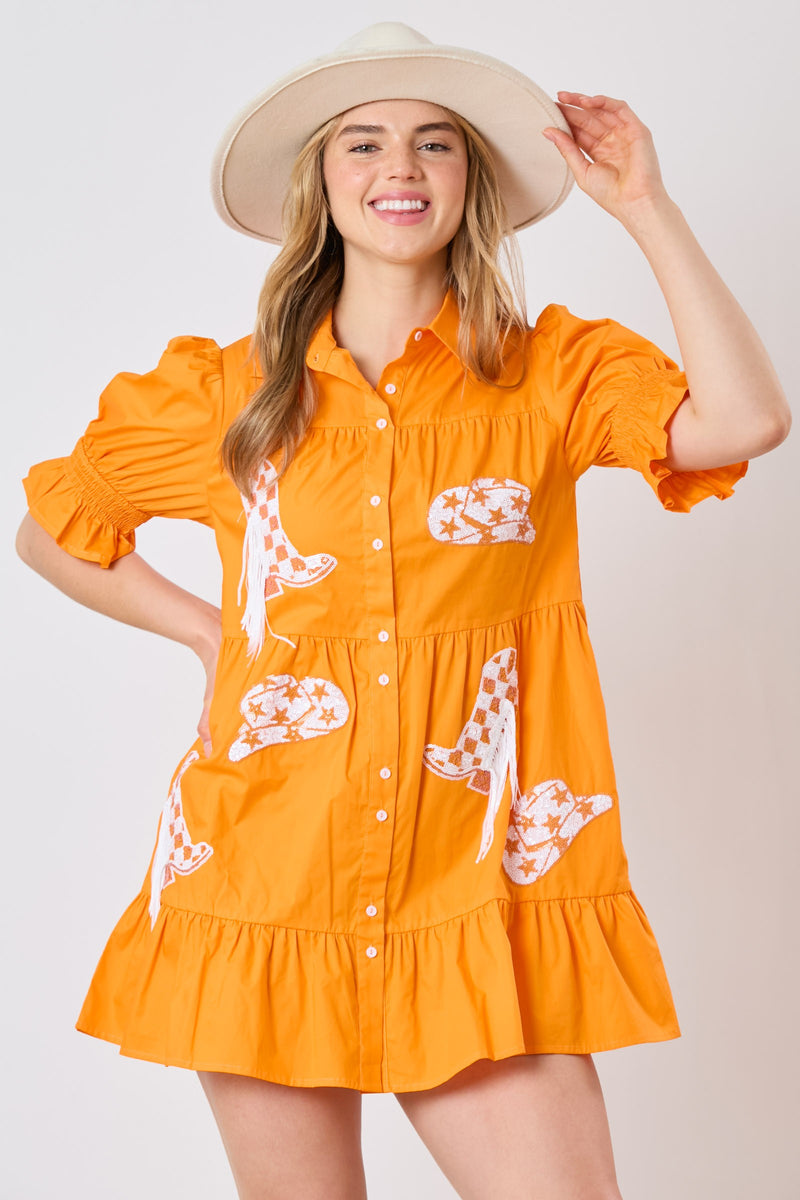 orange sequin shirt dress Orange Sequin Game Day Shirt Dress