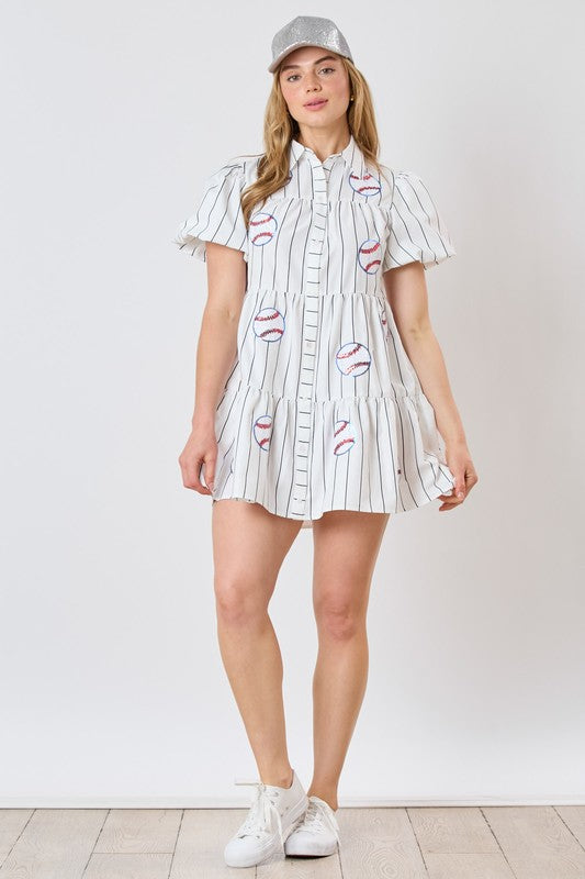 baseball tee shirt dress Baseball Sequin Stripe Printed Shirt Dress White