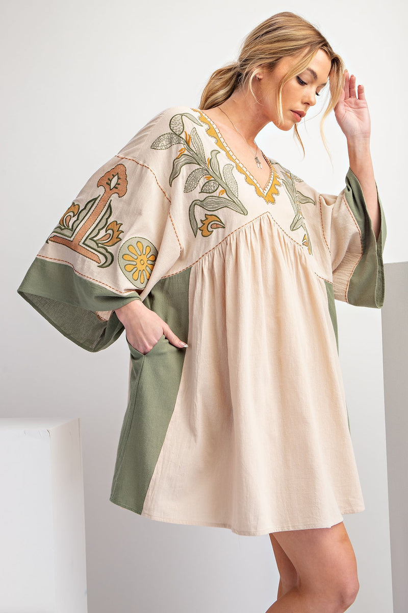 Embroidered Linen Dress Khaki Olive