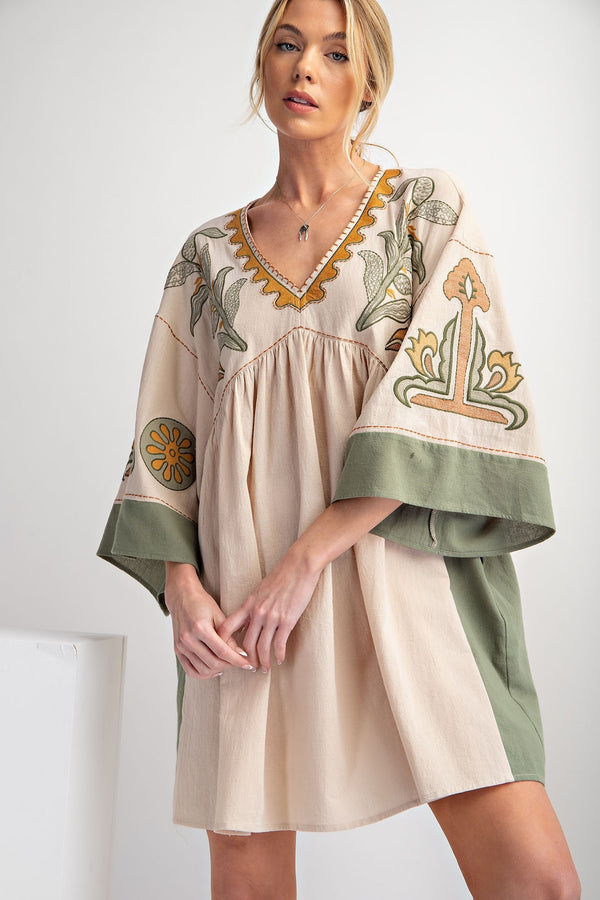 Embroidered Linen Dress Khaki Olive