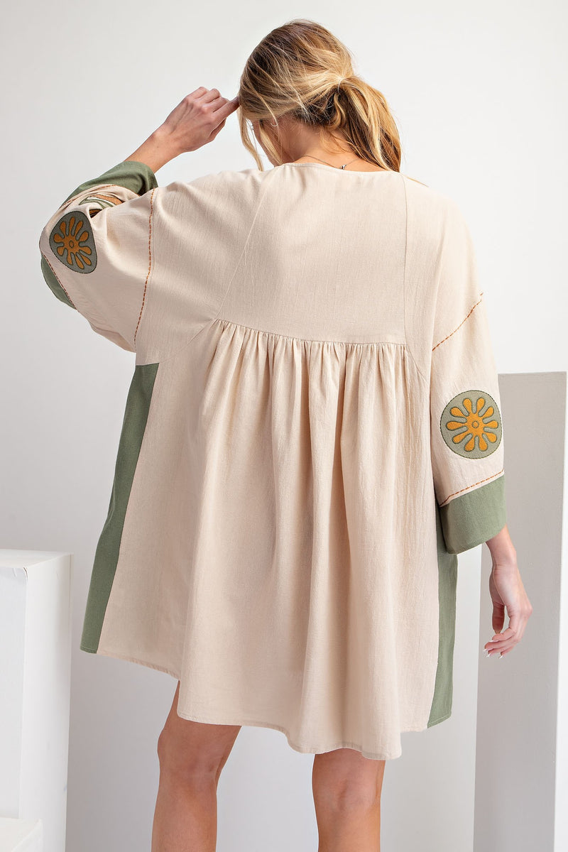 Embroidered Linen Dress Khaki Olive