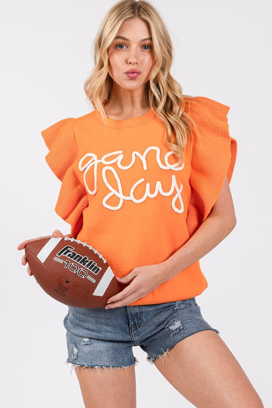Ruffle Sleeve Game Day Sweater Top Orange/White