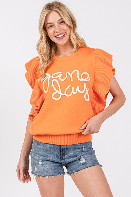 Ruffle Sleeve Game Day Sweater Top Orange/White