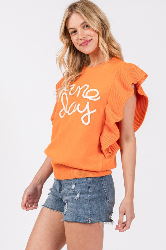 Ruffle Sleeve Game Day Sweater Top Orange/White