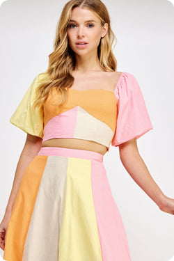 strapless open back dress Color Block Linen Top Orange/Pink/Yellow