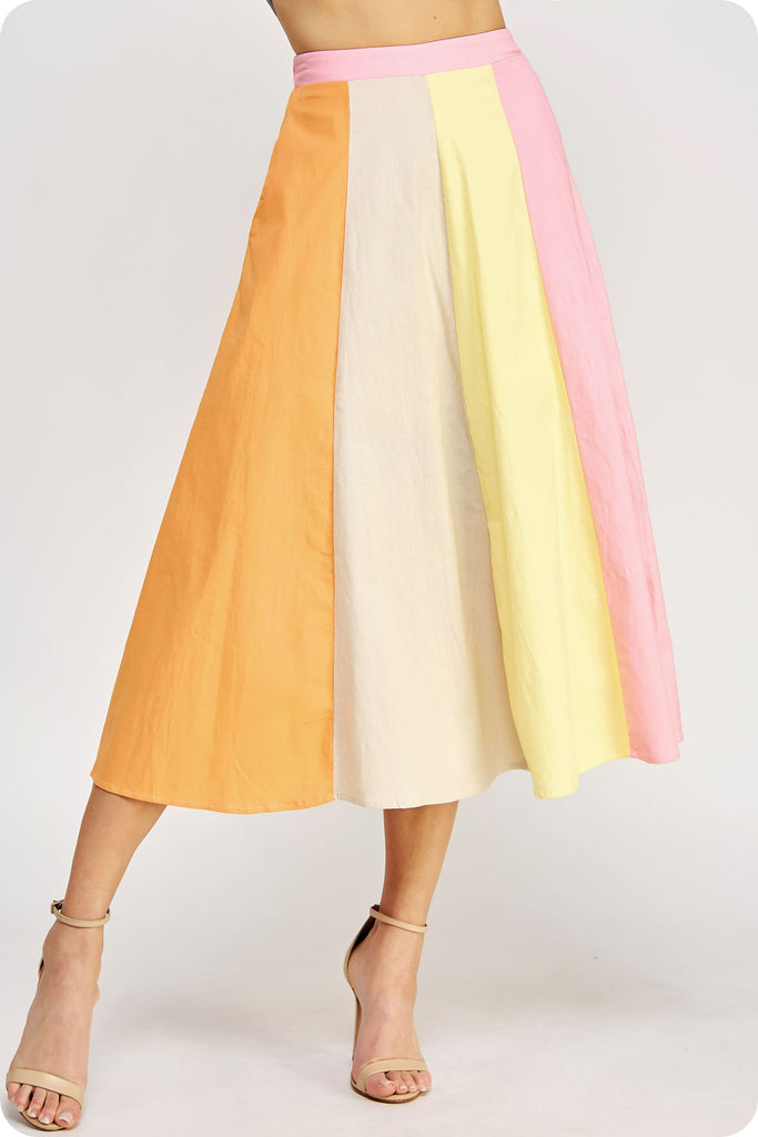 Color Block Linen Long Skirt Orange/Pink/Yellow - Southern