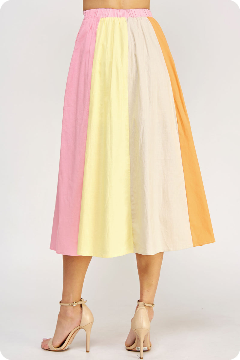 Color Block Linen Long Skirt Orange/Pink/Yellow
