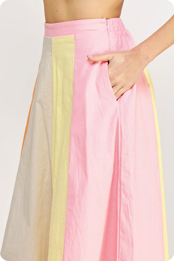 Color Block Linen Long Skirt Orange/Pink/Yellow