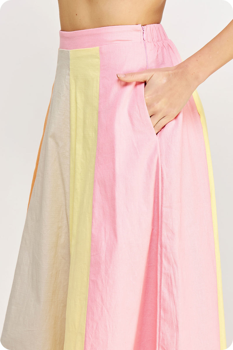 Color Block Linen Long Skirt Orange/Pink/Yellow