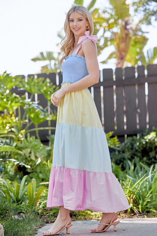 Color Block Tiered Smocked Dress Mutli-Color