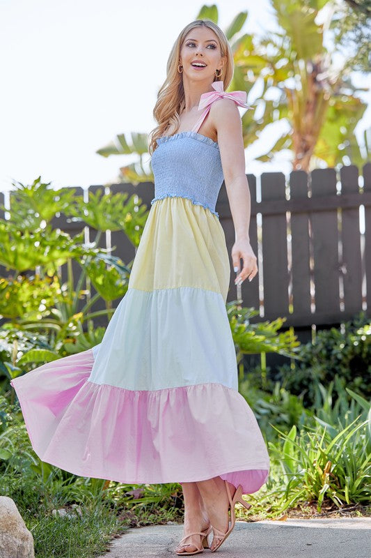 Color Block Tiered Smocked Dress Mutli-Color
