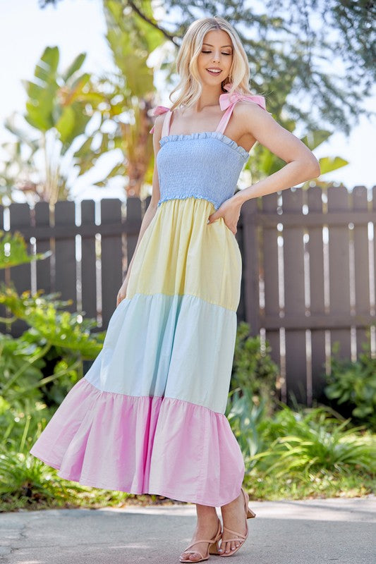 Color Block Tiered Smocked Dress Mutli-Color