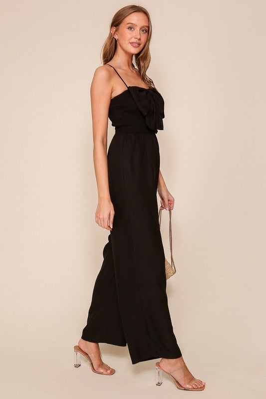 Smocking Front Ribbon Trim Jumpsuit Black