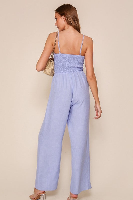 Smocking Front Ribbon Trim Jumpsuit Lt Denim
