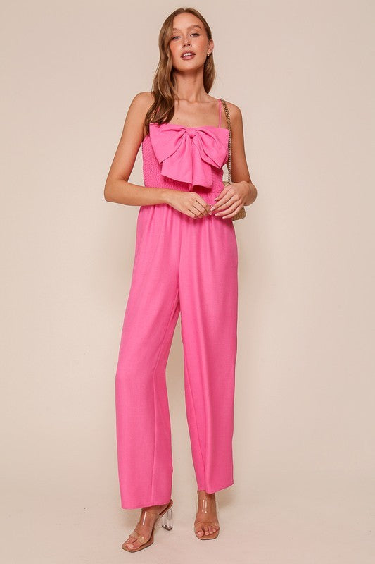 Smocking Front Ribbon Trim Jumpsuit Pink