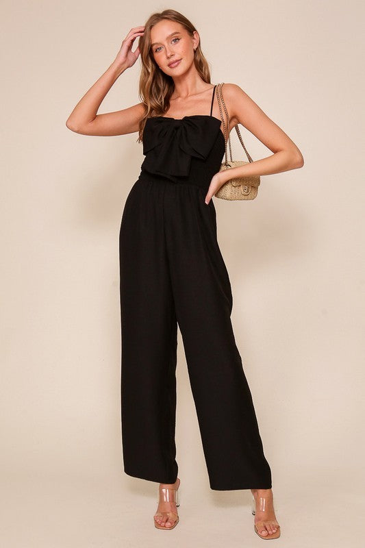 Smocking Front Ribbon Trim Jumpsuit Black