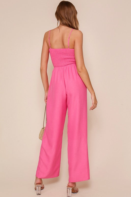 Smocking Front Ribbon Trim Jumpsuit Pink