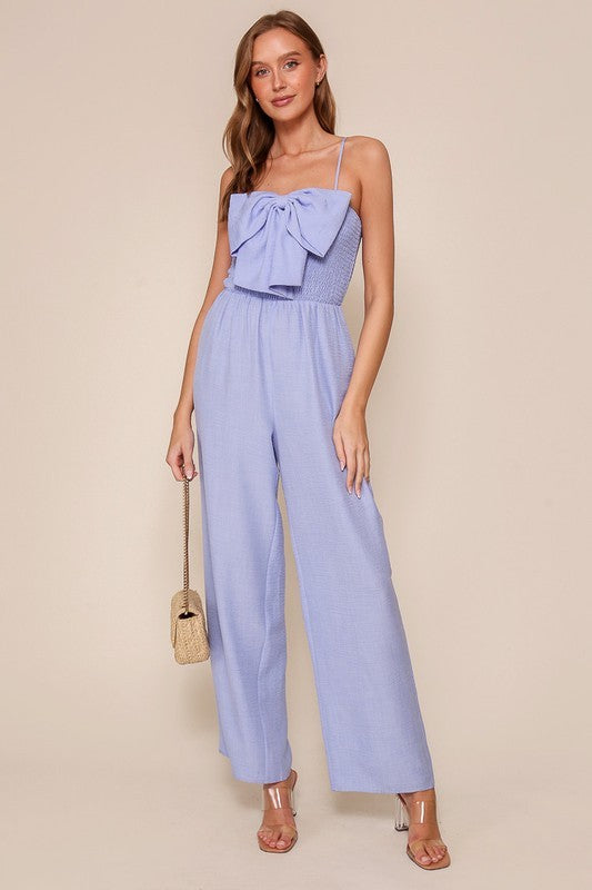 Smocking Front Ribbon Trim Jumpsuit Lt Denim