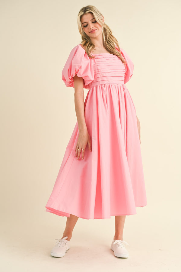 Balloon Sleeve Pleated Midi Dress Pink Bloom