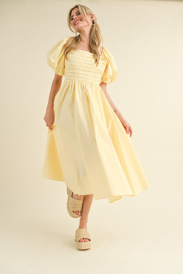 Balloon Sleeve Pleated Midi Dress Lemon