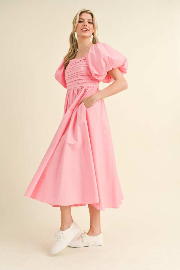 Balloon Sleeve Pleated Midi Dress Pink Bloom