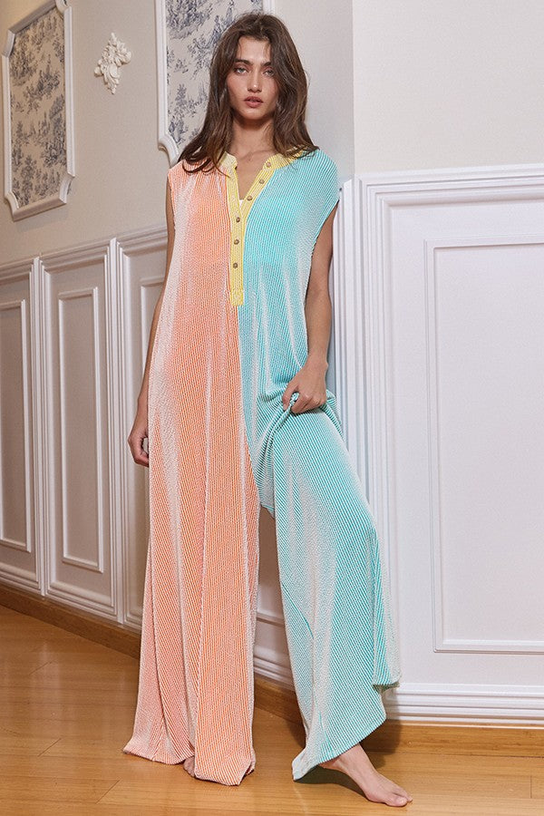 Wide Leg Loose Fit Jumpsuit Orange/Aqua