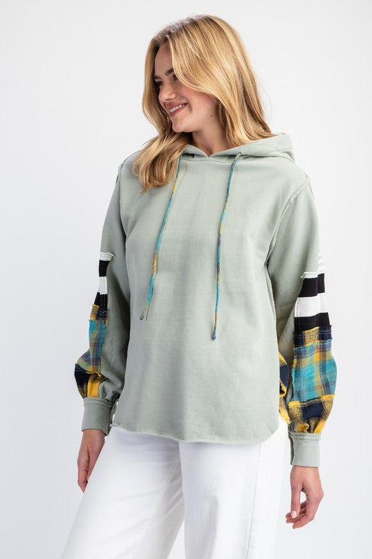 Terry Knit Mix Plaid Hoodie Faded Sage
