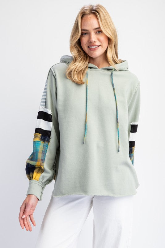 Terry Knit Mix Plaid Hoodie Faded Sage