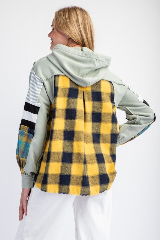 Terry Knit Mix Plaid Hoodie Faded Sage