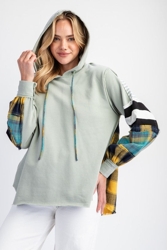Terry Knit Mix Plaid Hoodie Faded Sage