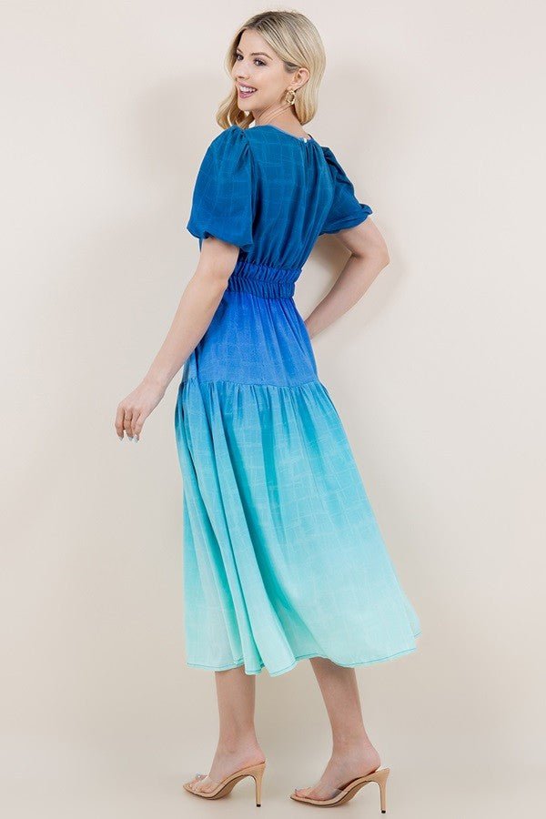 Ombre Short Puff Sleeve Dress Blue
